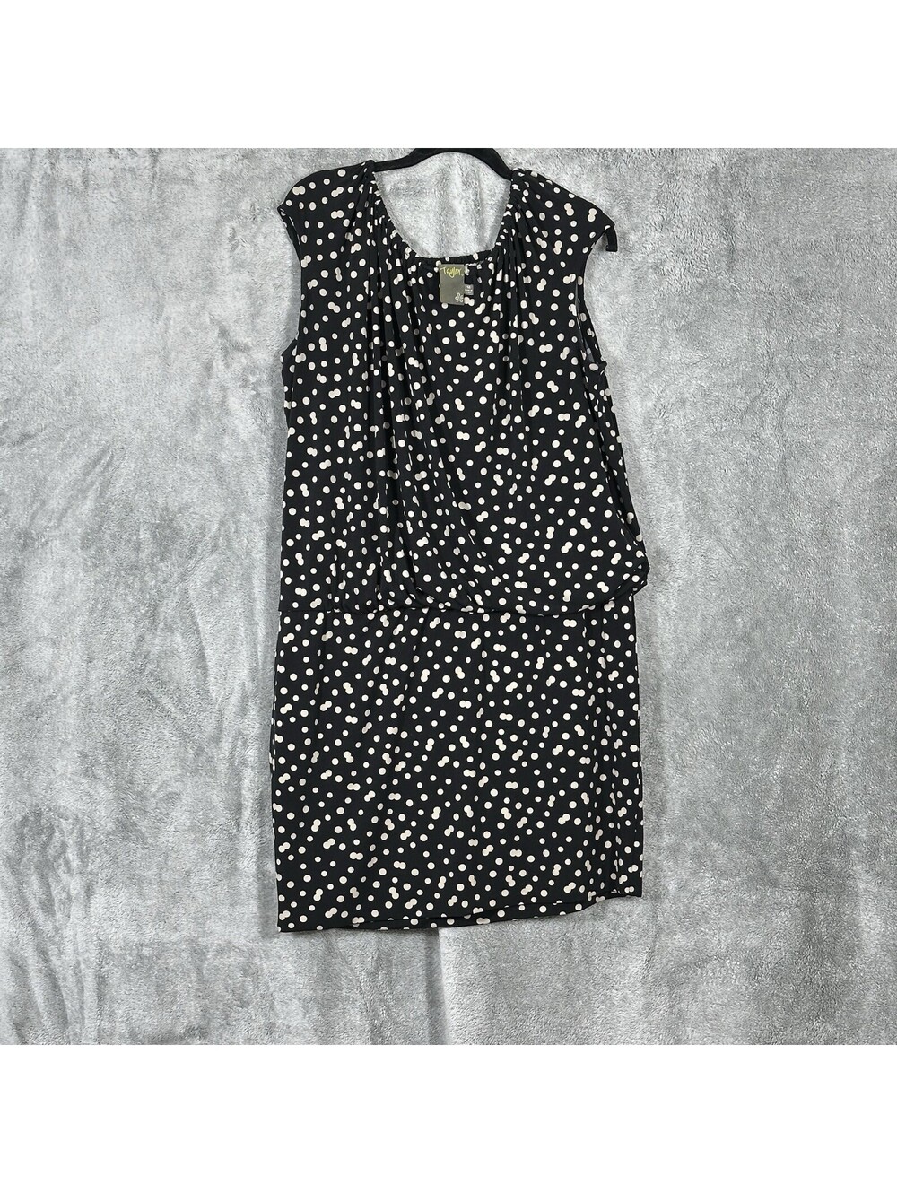 Taylor Dress Women’s  14 Black Polka Dot Blouson Shift Draped Neck Sleeveless